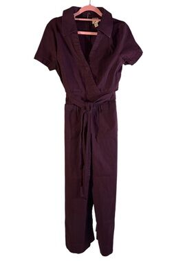 Maeve Anthropologie Plum Linen Blend Wrap Jumpsuit Size 8 Short Sleeve Tie Waist